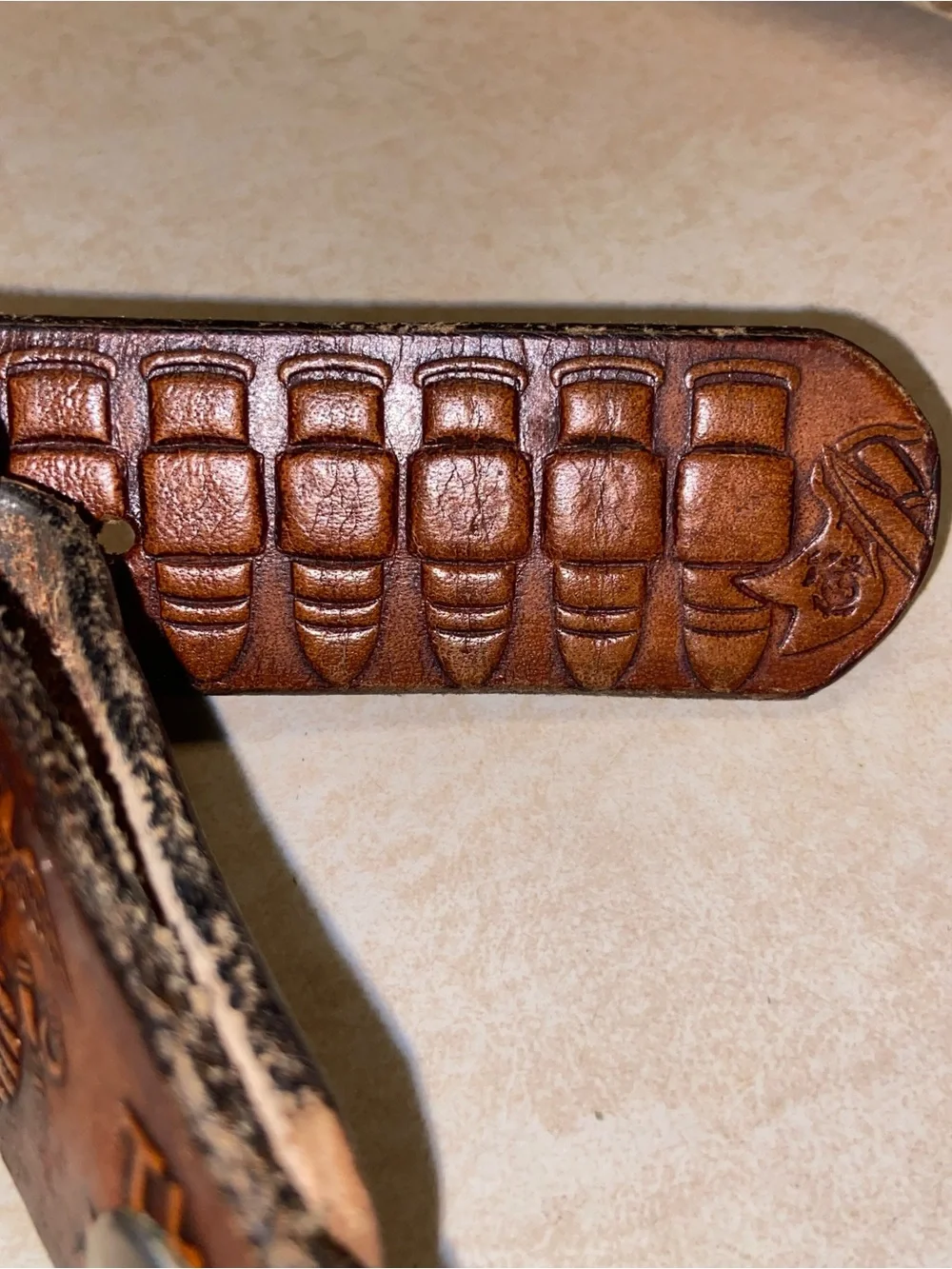 USMC Embossed Brown Leather Belt with Metal Buckle